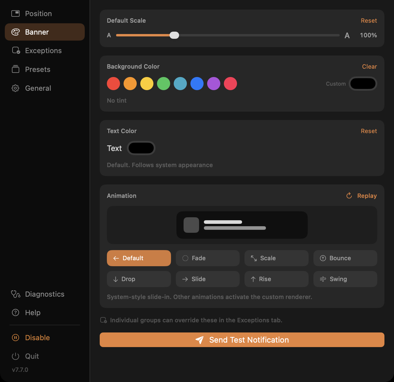 Banner tab: scale, tint, and animation controls