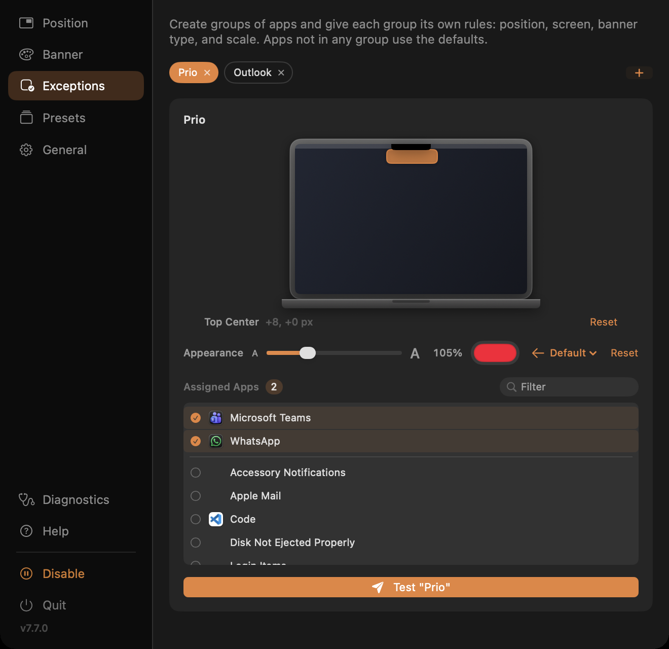 Exceptions tab: per-app groups with their own rules