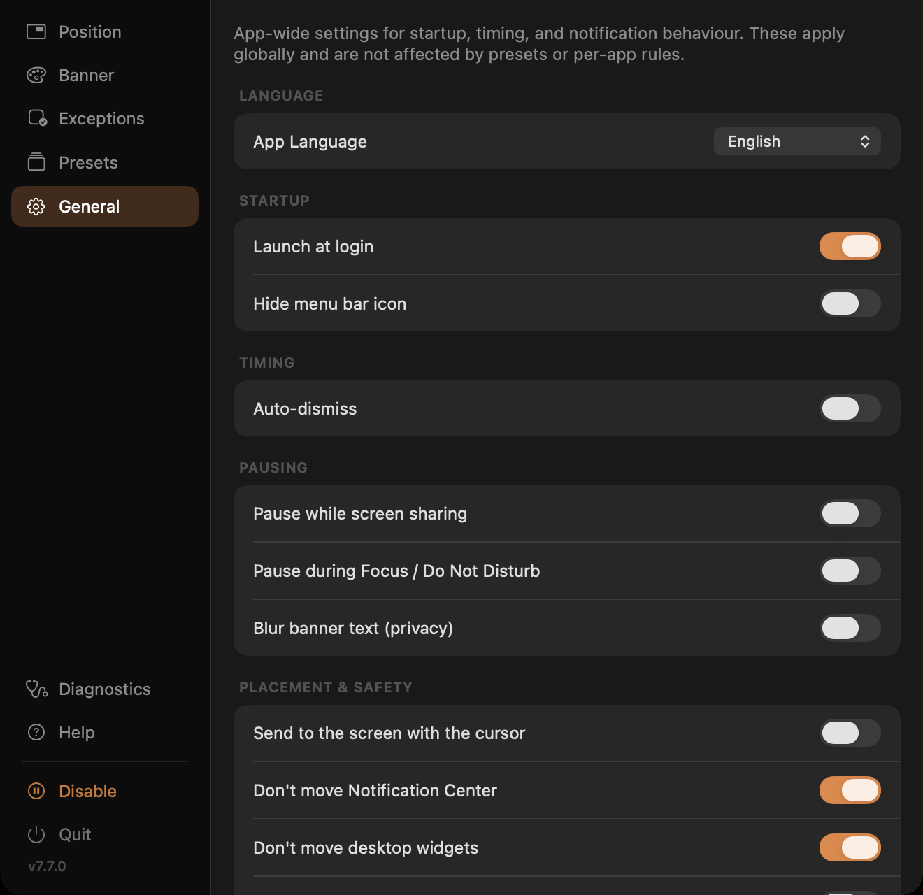 General tab: behavior toggles