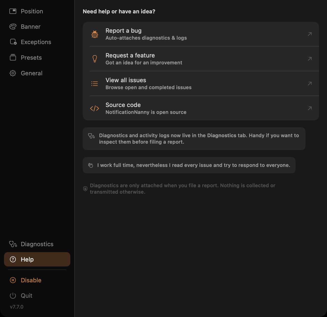 Help tab: links and bug reporting