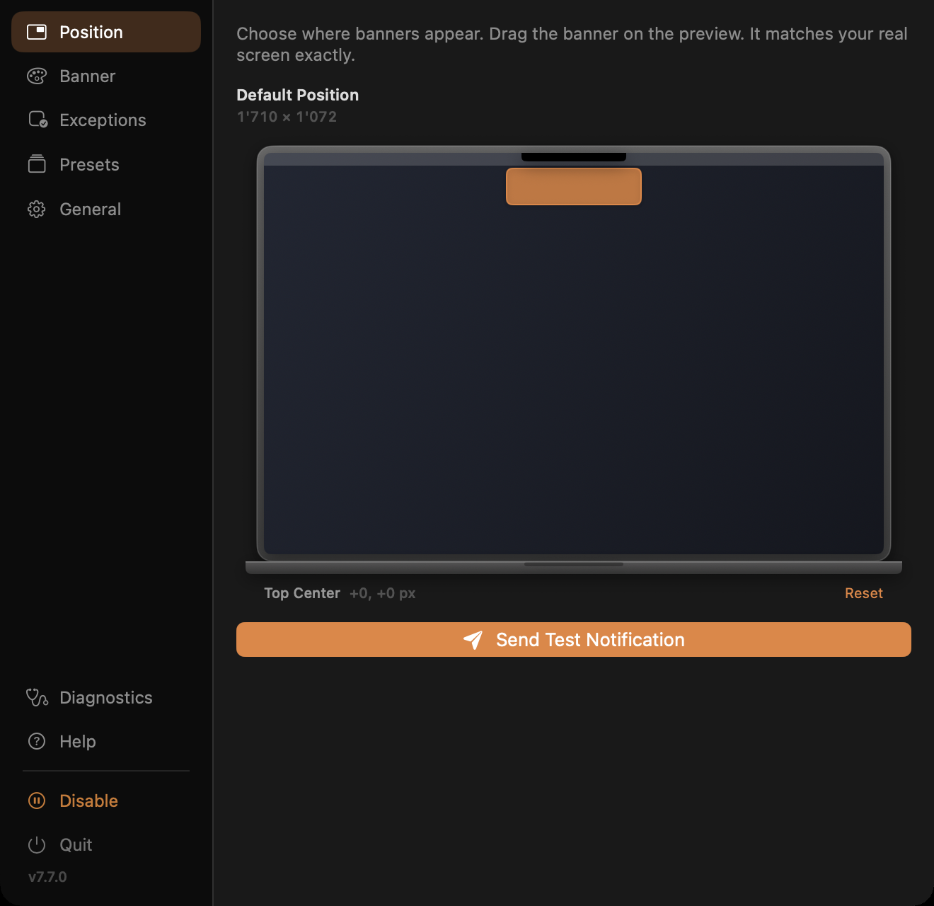 Position tab: drag a banner to any of nine anchor points on any display