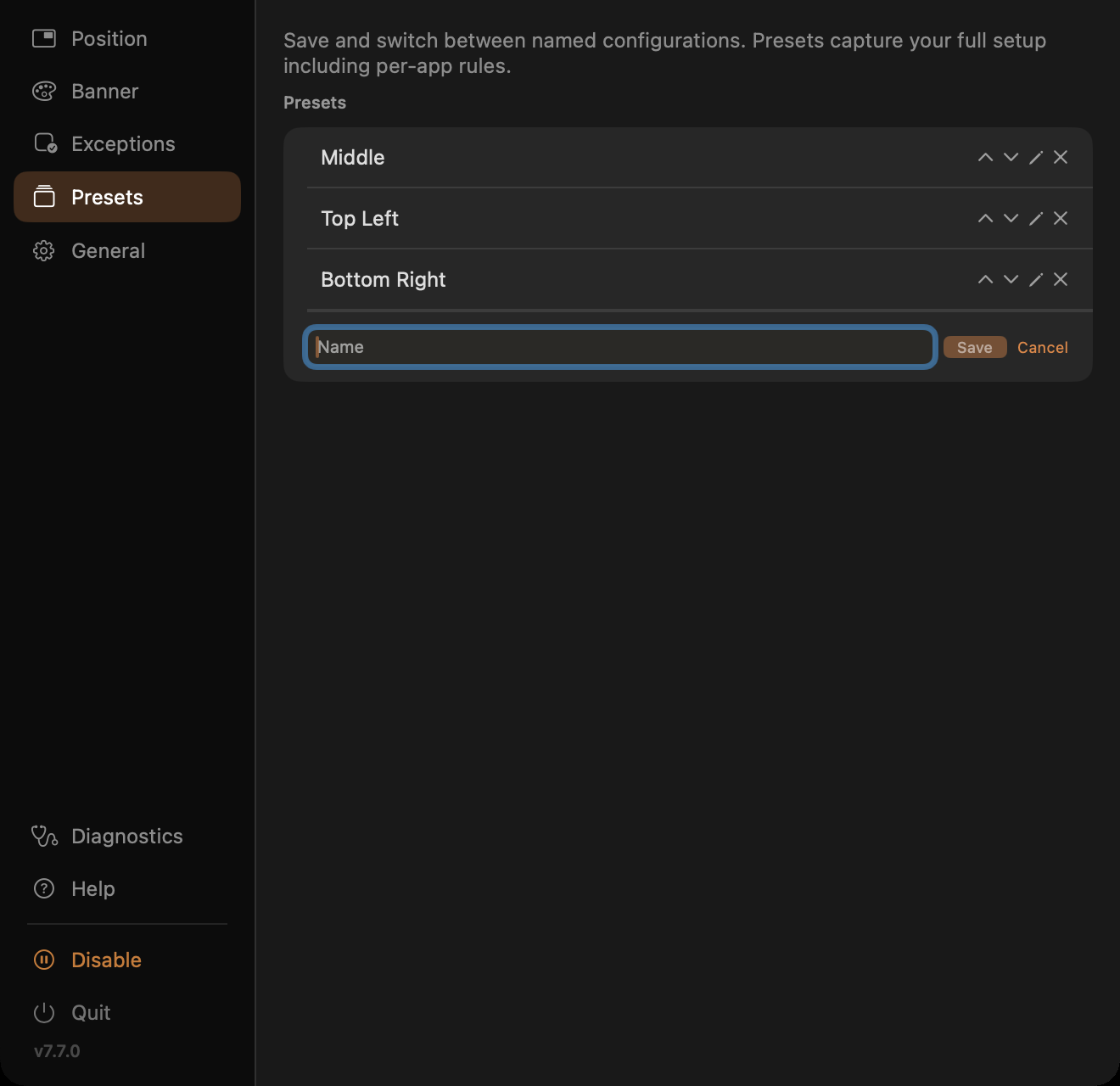 Presets tab: saved named configurations